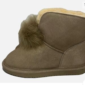 BEARPAW Libby Suede Sheepskin Pom Pom Boot w/NeverWet Pewter Distressed 10‎ NWT